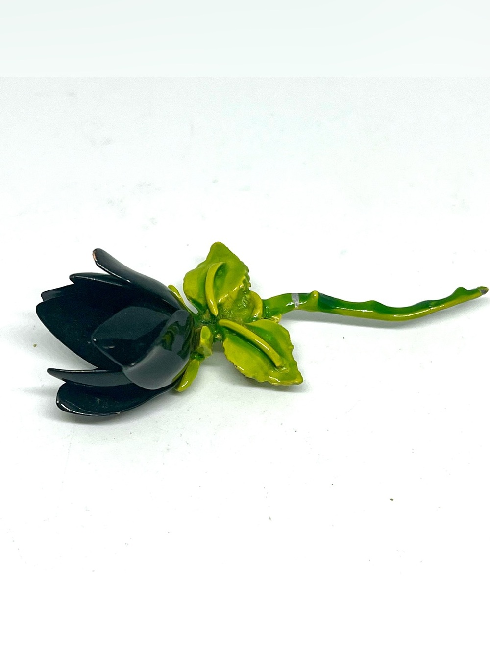 Enamel Black Flower Brooch with Lime Green Stem and Leaves - Picture 2 of 4